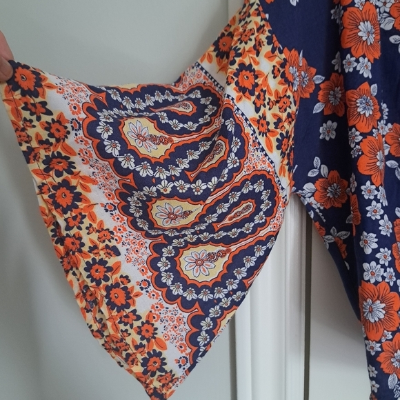 JAPNA bohemian floral flowly orange blues shrug tie shirt top M - Picture 9 of 11